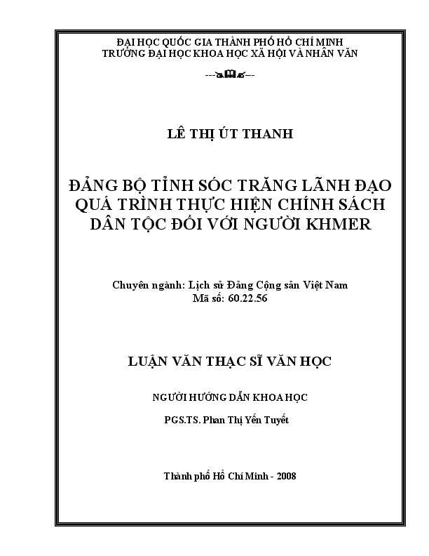 Đảng bộ tỉnh Sóc Trăng lãnh đạo quá trình thực hiện chính sách dân tộc đối với người Khmer luận văn Thạc sĩ 60.22.56