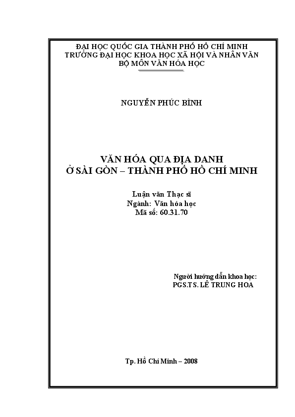 Văn hóa qua địa danh ở Sài Gòn - thành phố Hồ Chí Minh luận văn Thạc sĩ 60.31.70