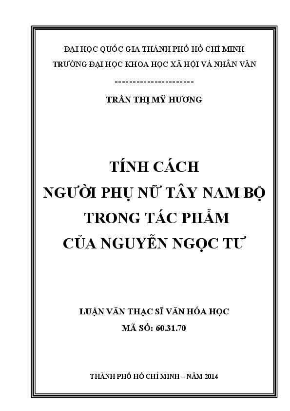 Tính cách người phụ nữ Tây Nam Bộ trong tác phẩm của Nguyễn Ngọc Tư luận văn Thạc sĩ 60.31.70