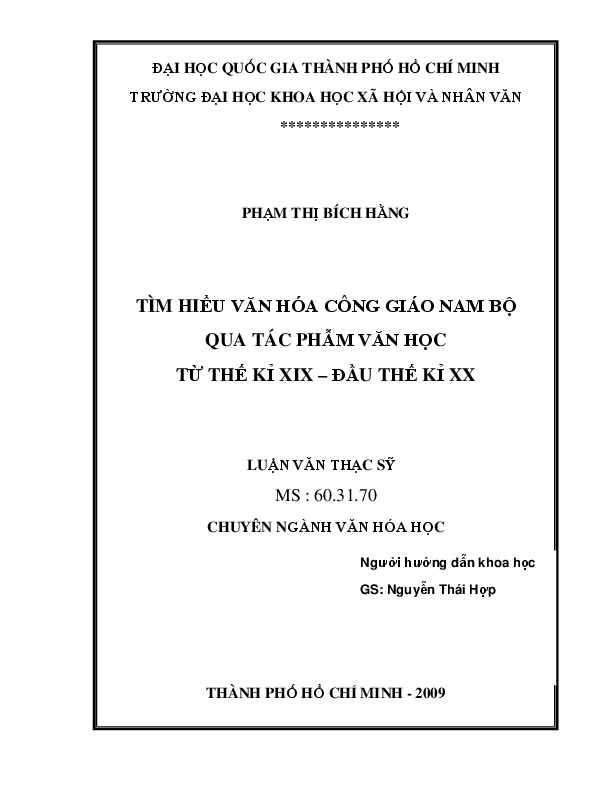 Tìm hiểu văn hóa công giáo Nam Bộ qua tác phẩm văn học từ TK XIX - đầu TK XX luận văn Thạc sĩ 60.31.70