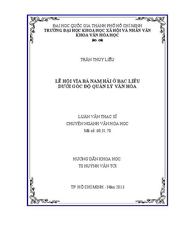 Lễ hội vía bà Nam Hải ở Bạc Liêu dưới góc độ quản lý văn hóa luận văn Thạc sĩ 60.31.70