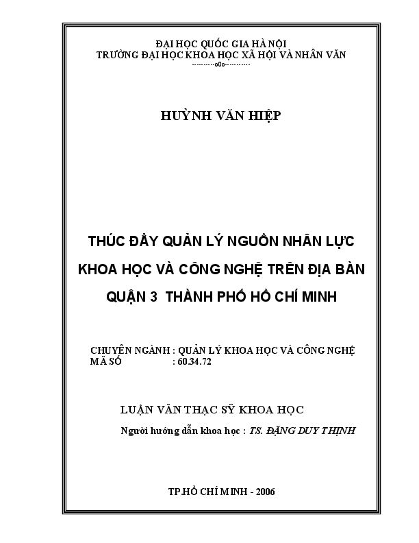 Thúc đẩy quản lý nguồn nhân lực khoa học và công nghệ trên địa bàn quận 3 thành phố Hồ Chí Minh Luận văn Thạc sĩ 60.34.72