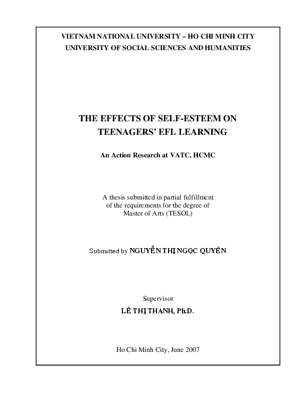 The effects of self - esteem on teenagers' EFL learning luận văn thạc sĩ