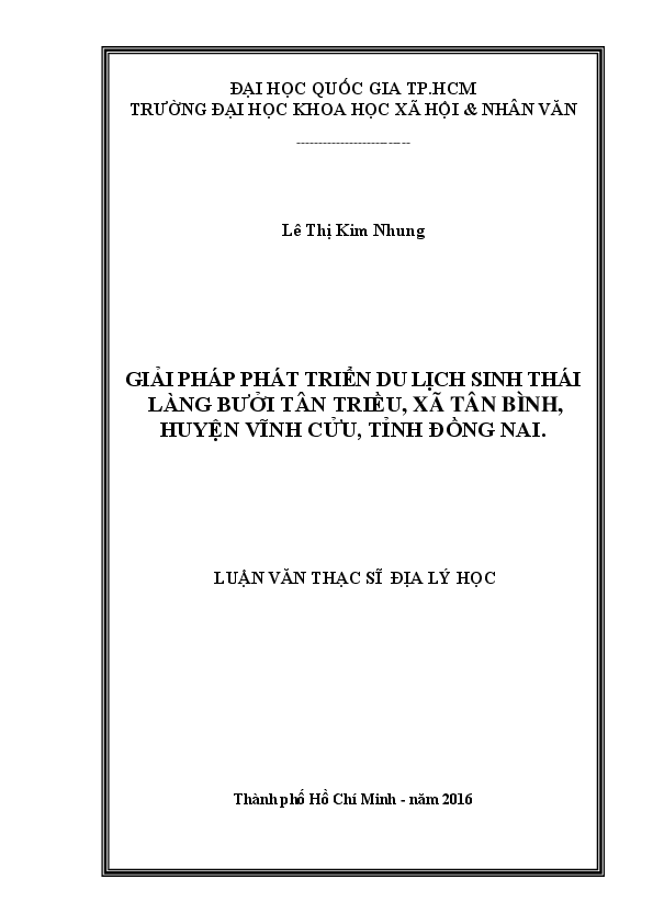 Giải pháp phát triển du lịch sinh thái làng Bưởi Tân Triều, xã Tân Bình, huyện Vĩnh Cửu, tỉnh Đồng Nai luận văn Thạc sĩ 60.31.05.01