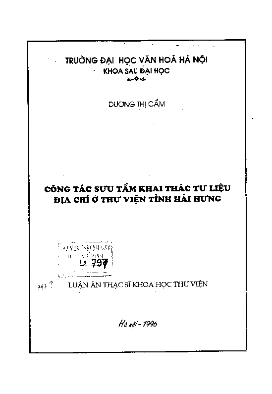 Công tác sưu tầm khai thác tư liệu địa chí ở thư viện tỉnh Hải Hưng luận văn Thạc sĩ 5.10.03