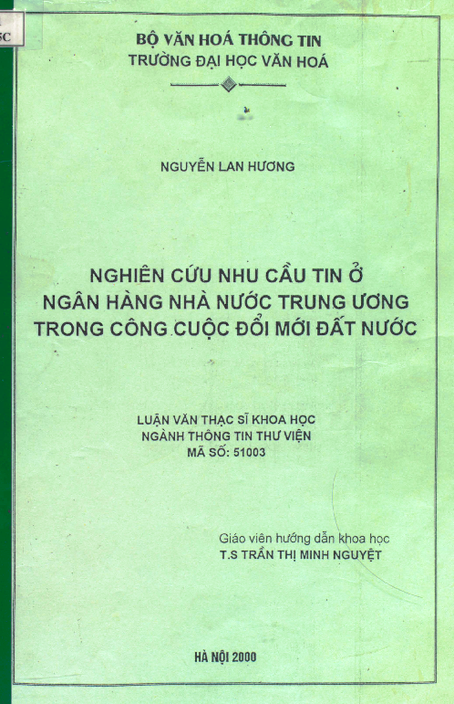 Nghiên cứu nhu cầu tin ở Ngân hàng Nhà nước Trung ương trong công cuộc đổi mới đất nước luận văn Thạc sĩ 5.10.03