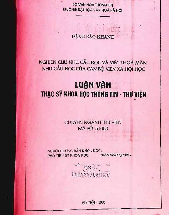 Nghiên cứu nhu cầu đọc và việc thỏa mãn nhu cầu đọc của cán bộ Viện Xã hội học luận văn Thạc sĩ 5.10.03