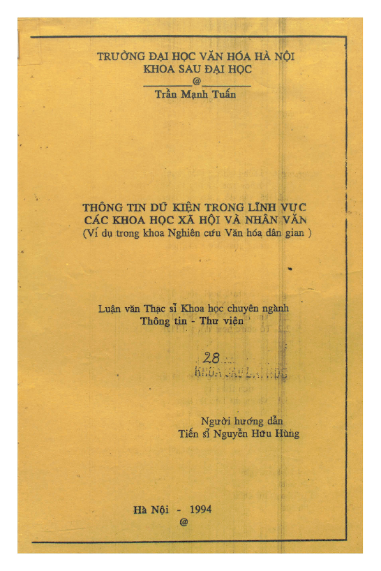 Thông tin dữ kiện trong lĩnh vực các khoa học xã hội và nhân văn (ví dụ trong khoa Nghiên cứu văn hóa dân gian) luận văn Thạc sĩ 5.10.03