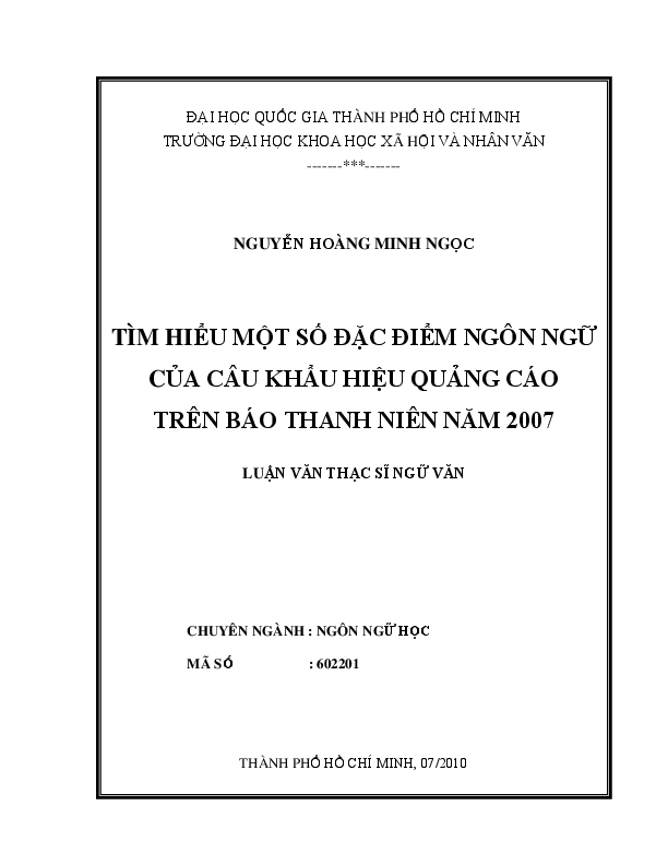 Tìm hiểu một số đặc điểm ngôn ngữ của câu khẩu hiệu quảng cáo trên báo Thanh Niên năm 2007 luận văn Thạc sĩ 60.22.01
