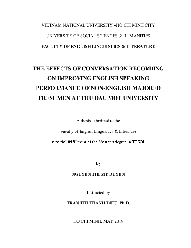 The effects of conversation recording on improving English speaking performance of non- English majored freshmen at Thu Dau Mot university M.A.