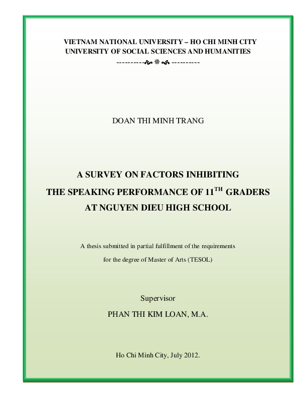 A survey on factors inhibiting the speaking performance of 11th graders at Nguyen Dieu high school M.A. 60.14.10