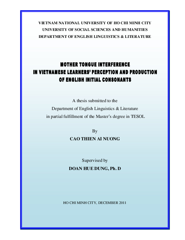 Mother tongue interference in Vietnamese learners' perception and production of English initial consonants M.A. 60.14.10