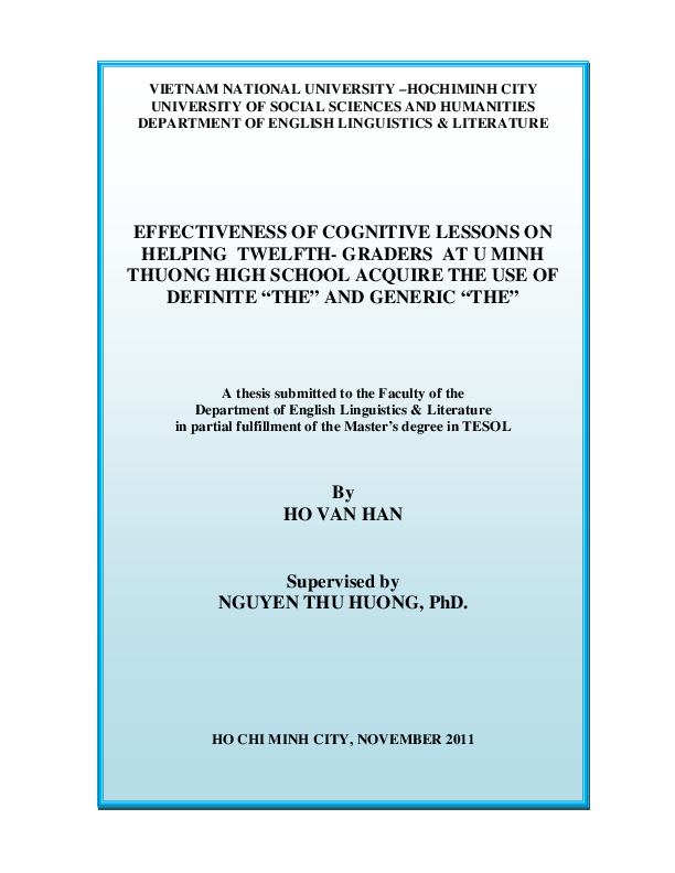 Effectiveness of cognitive lessons on helping twelfth - graders at u minh thuong high school acquire the use of definite the and generic the M.A. 60.14.10