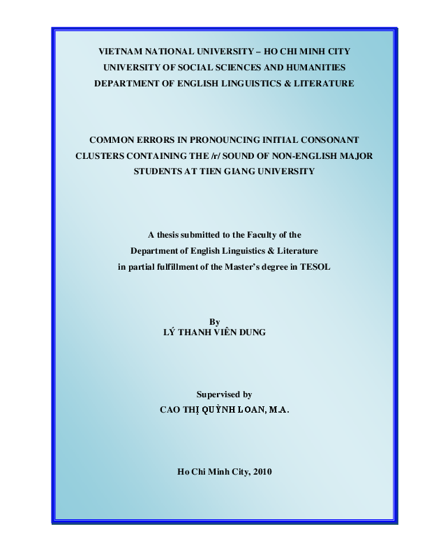 Common errors in pronouncing initial consonant clusters containing The R Sound of non-English majored students at Tien Giang university M.A.