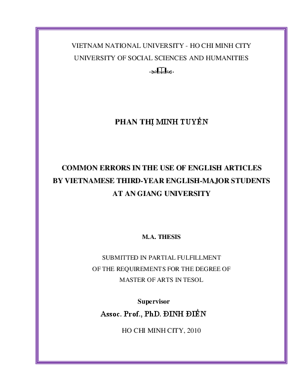 Common errors in the use of english articles by Vietnamese third-year english-major students at An Giang university submitted in partial fulfillment of the requirements for the degree of master of TESOL