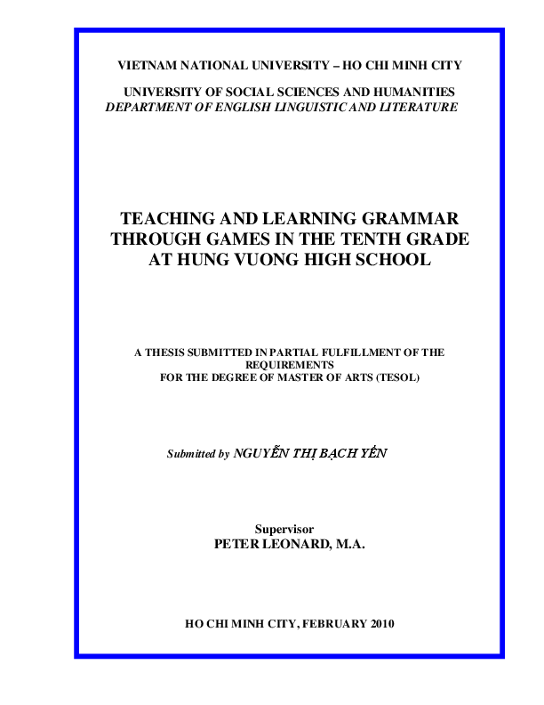 Teaching and learning grammar through games in the tenth grade at Hung Vuong high school M.A. 60.14.10