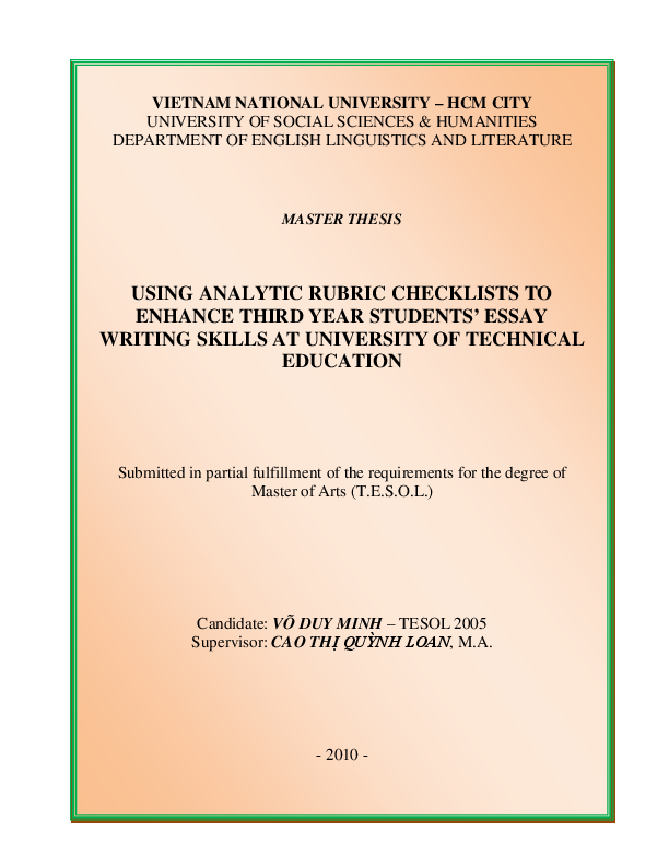 Using analytic rubric checklists to enhance third year students' essay writing skills at University of Technical Education M.A. 60.14.10