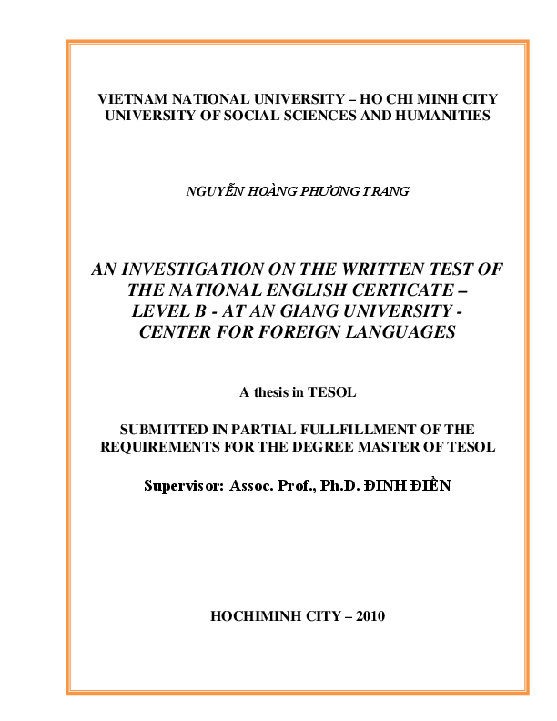 An investigation on the writing test of the national English certicate – level B at An Giang University Center for foreign languages M.A. 60.14.10