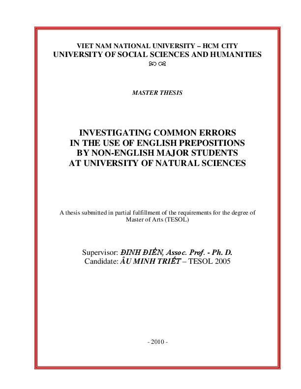 Investigating common errors in the use of positions of English prepositions by Non-English-major students at University of Natural Sciences M.A. 60.14.10