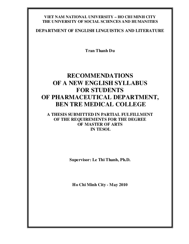 Recommendations of the new English syllabus for pharmaceutical students at Ben Tre medical college M.A. 60.14.10