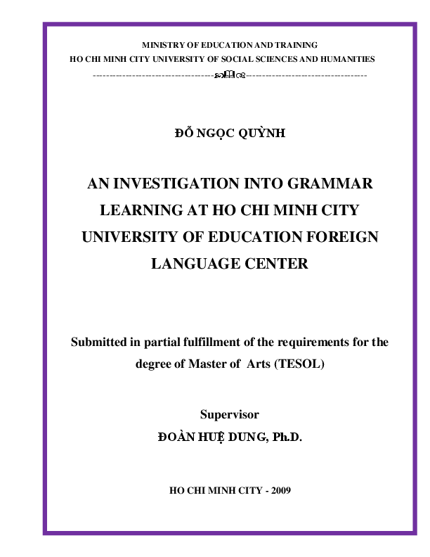 An investigation into grammar learning at Ho Chi Minh city university of education foreign language center M.A. Thesis 60.14.10