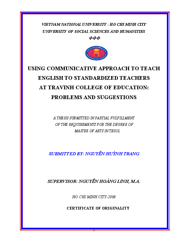 Using communicative approach to teach English to standardized teachers at Travinh college of education problemsand suggestion luận văn Thạc sĩ