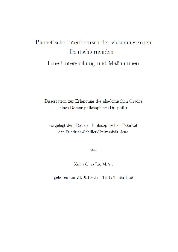Phonetisch interferenzen der vietnamesischen deutschlernrnden - Eine untersuchung und Ma Bnahmen Pr.