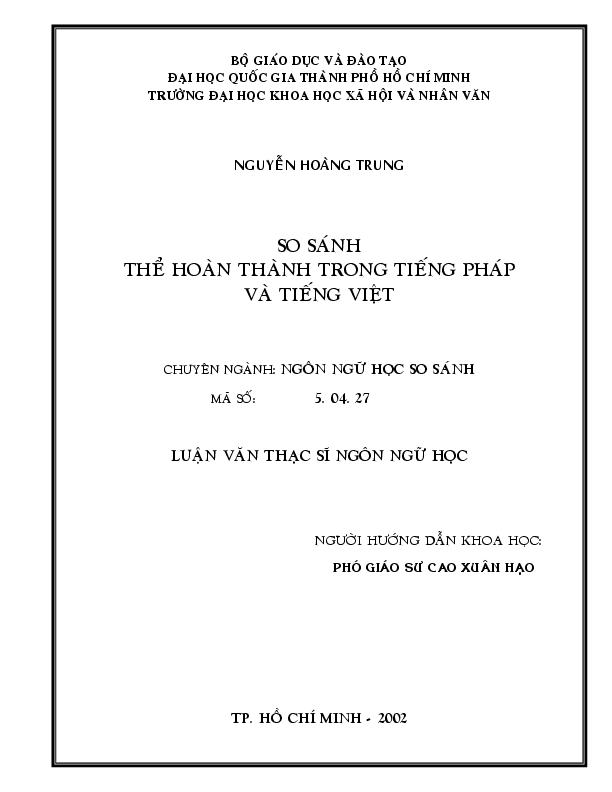So sánh thể hoàn thành trong tiếng Pháp và tiếng Việt luận văn Thạc sĩ 5.04.27