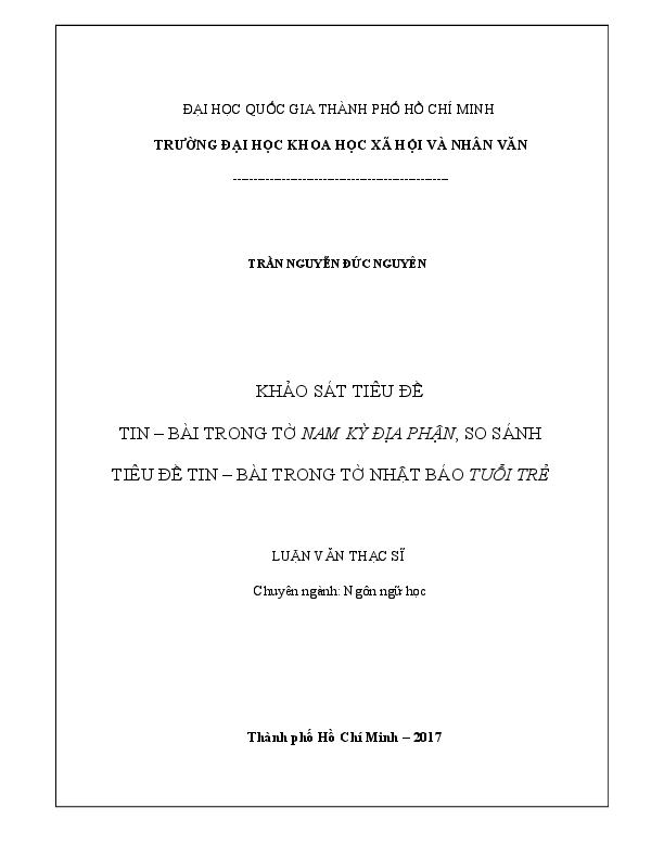 Khảo sát tiêu đề tin - bài trong tờ Nam Kỳ Địa Phận, so sánh tiêu đề tin - bài trong tờ Nhật Báo Tuổi Trẻ luận văn Thạc sĩ 60.22.02.40