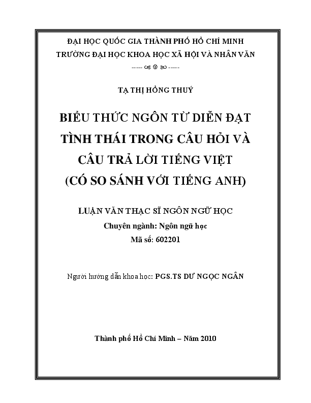 Biểu thức ngôn từ diễn đạt tình thái trong câu hỏi và câu trả lời tiếng Việt (có so sánh với tiếng Anh) luận văn Thạc sĩ 602201