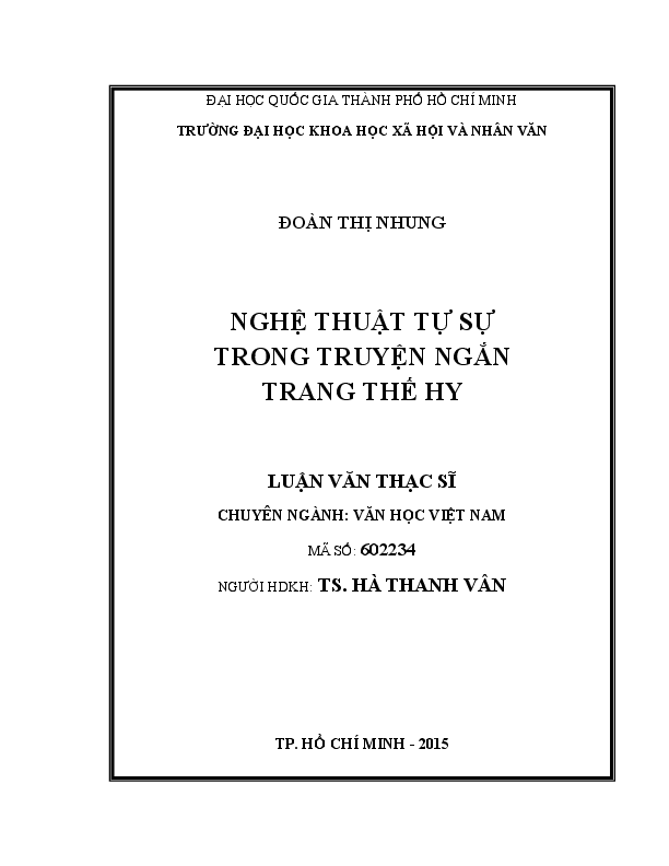 Nghệ thuật tự sự trong truyện ngắn Trang Thế Hy luận văn Thạc sĩ 60.22.34