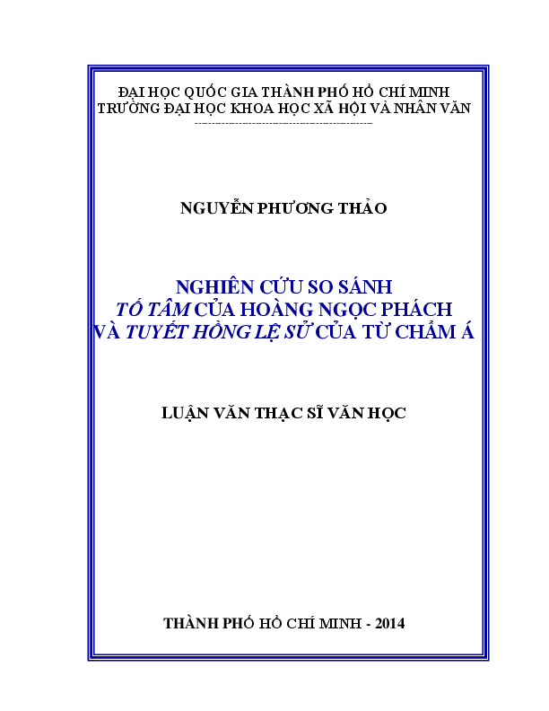 Nghiên cứu so sánh Tố Tâm của Hoàng Ngọc Phách và Tuyết Hồng lệ sử của Từ Chẩm Á luận văn Thạc sĩ 60.22.01.21