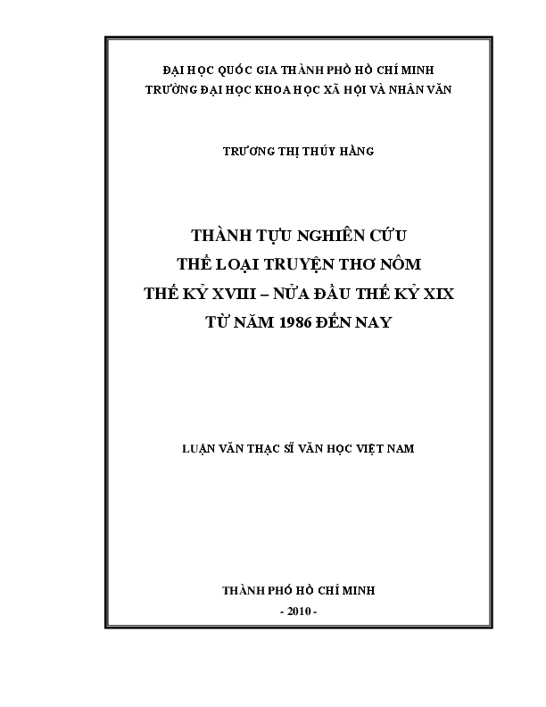 Thành tựu nghiên cứu thể loại truyện thơ Nôm thế kỷ XVIII - nửa đầu thế kỷ XIX từ năm 1986 đến nay luận văn thạc sĩ 60.23.34