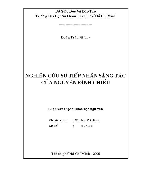 Nghiên cứu sự tiếp nhận sáng tác của Nguyễn Đình Chiểu luận văn Thạc sĩ 50433