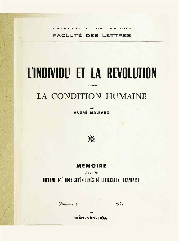 L'individu et la révolution dans la condition humaine d'André Malraux Mémoire de DES de littérature Francaise Luận văn Thạc sĩ