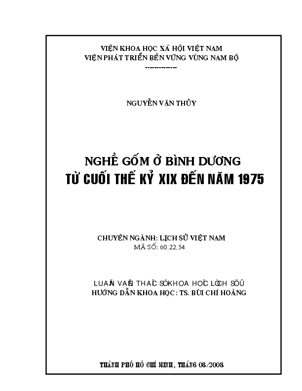 Nghề gốm ở Bình Dương từ cuối thế kỷ XIX đến năm 1975 luận văn Thạc sĩ