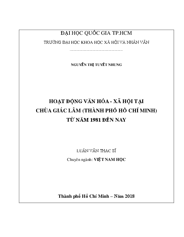Hoạt động văn hóa - xã hội tại chùa Giác Lâm (Thành phố Hồ Chí Minh) từ năm 1981đến nay luận văn Thạc sĩ 60.22.01.13