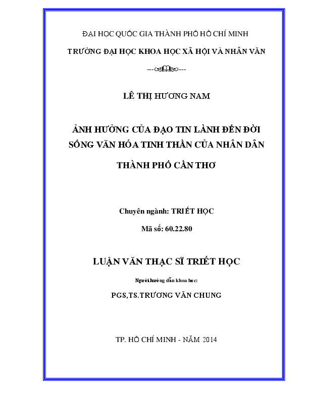 Ảnh hưởng của đạo tin lành đến đời sống văn hóa tinh thần của nhân dân thành phố Cần Thơ luận văn Thạc sĩ 60.22.80