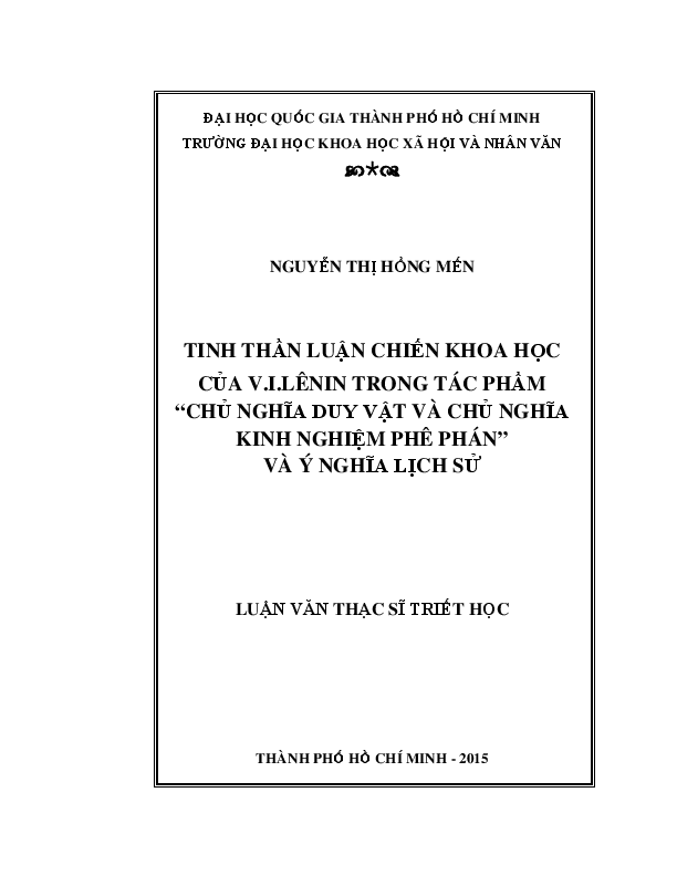 Tinh thần luận chiến khoa học của V.I.Lênin trong tác phẩm chủ nghĩa duy vật và chủ nghĩa kinh nghiệm phê phán và ý nghĩa lịch sử luận văn Thạc sĩ 60.22.80