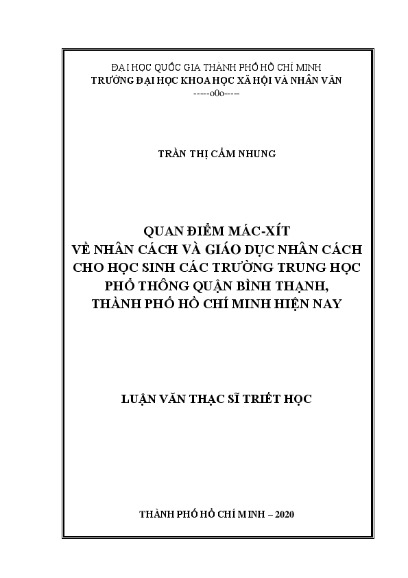 Quan điểm Mác-xít về nhân cách và giáo dục nhân cách cho học sinh các trường trung học phổ thông quận Bình Thạnh, thành phố Hồ Chí Minh hiện nay luận văn Thạc sĩ 8.22.90.01