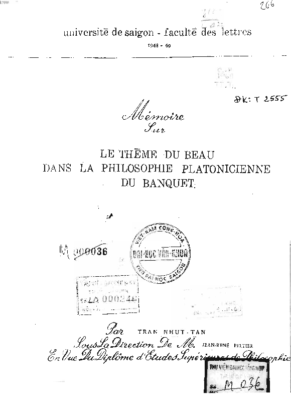 Le thème du beau dans la philosophie platonicienne du banquetMémoire de DES. de philosophie occidentale luận văn Thạc sĩ