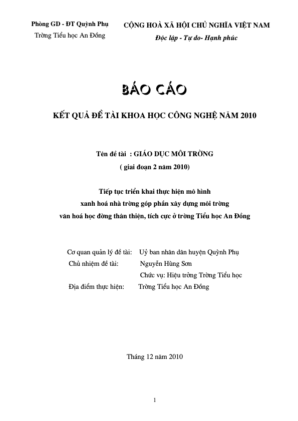 SKKN triển khai thực hiện mô hình xanh hoá nhà trường góp phần xây dựng môi trường văn hoá học đường thân thiện, tích cực ở trường Tiểu học An Đồng