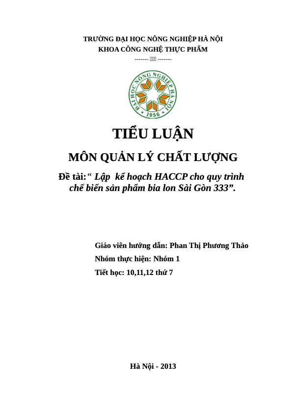 Lập kế hoạch HACCP cho quy trình chế biến sản phẩm bia lon Sài Gòn 333