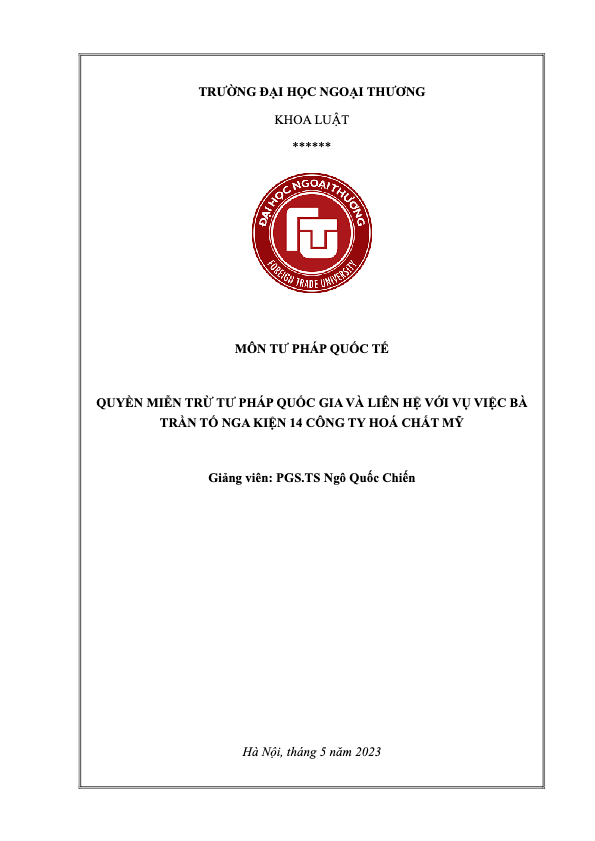 Quyền miễn trừ quốc gia trong tư pháp quốc tế và liên hệ với vụ việc bà trần tố nga kiện 14 công ty hoá chất mỹ