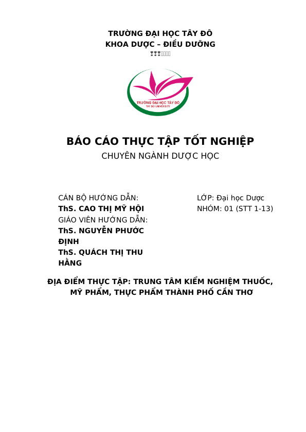 BÁO CÁO THỰC TẬP TỐT NGHIỆP TRUNG TÂM KIỂM NGHIỆM THUỐC, MỸ PHẨM, THỰC PHẨM THÀNH PHỐ CẦN THƠ