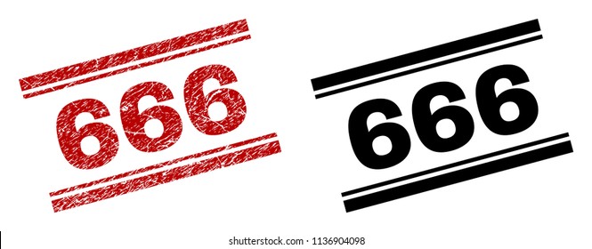 666 stamp seal imprint with red grunge and clean black version. Red vector rubber print of 666 label with grunge style. Captions are placed between double parallel lines.