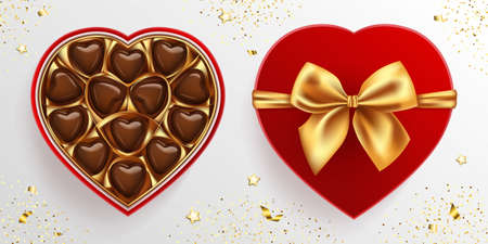 Box of chocolate sweets in heart shape. red lid with golden bow. top view vector illustration isolated. realistic 3d design, romantic concept