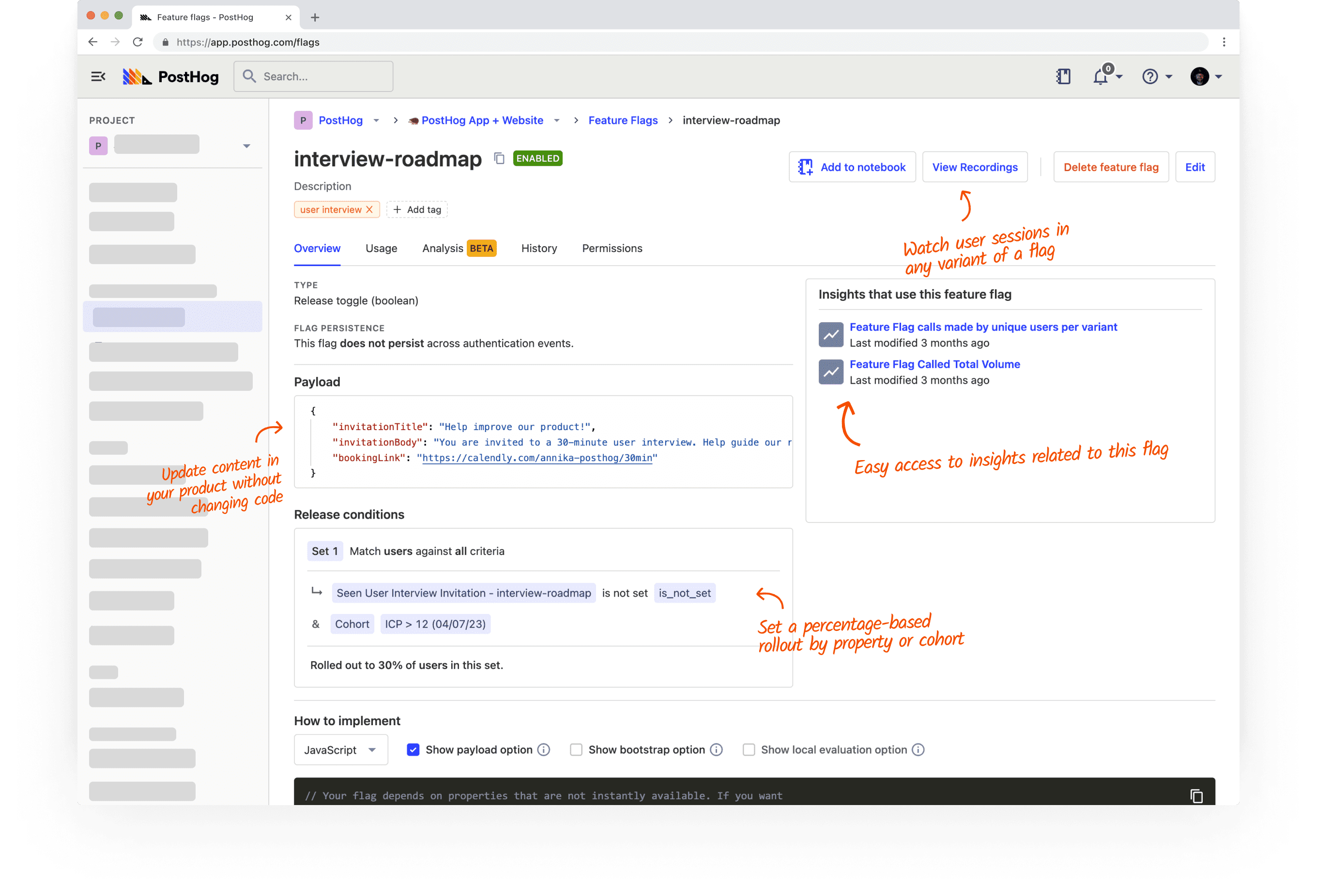 Screenshot of a feature flag in PostHog