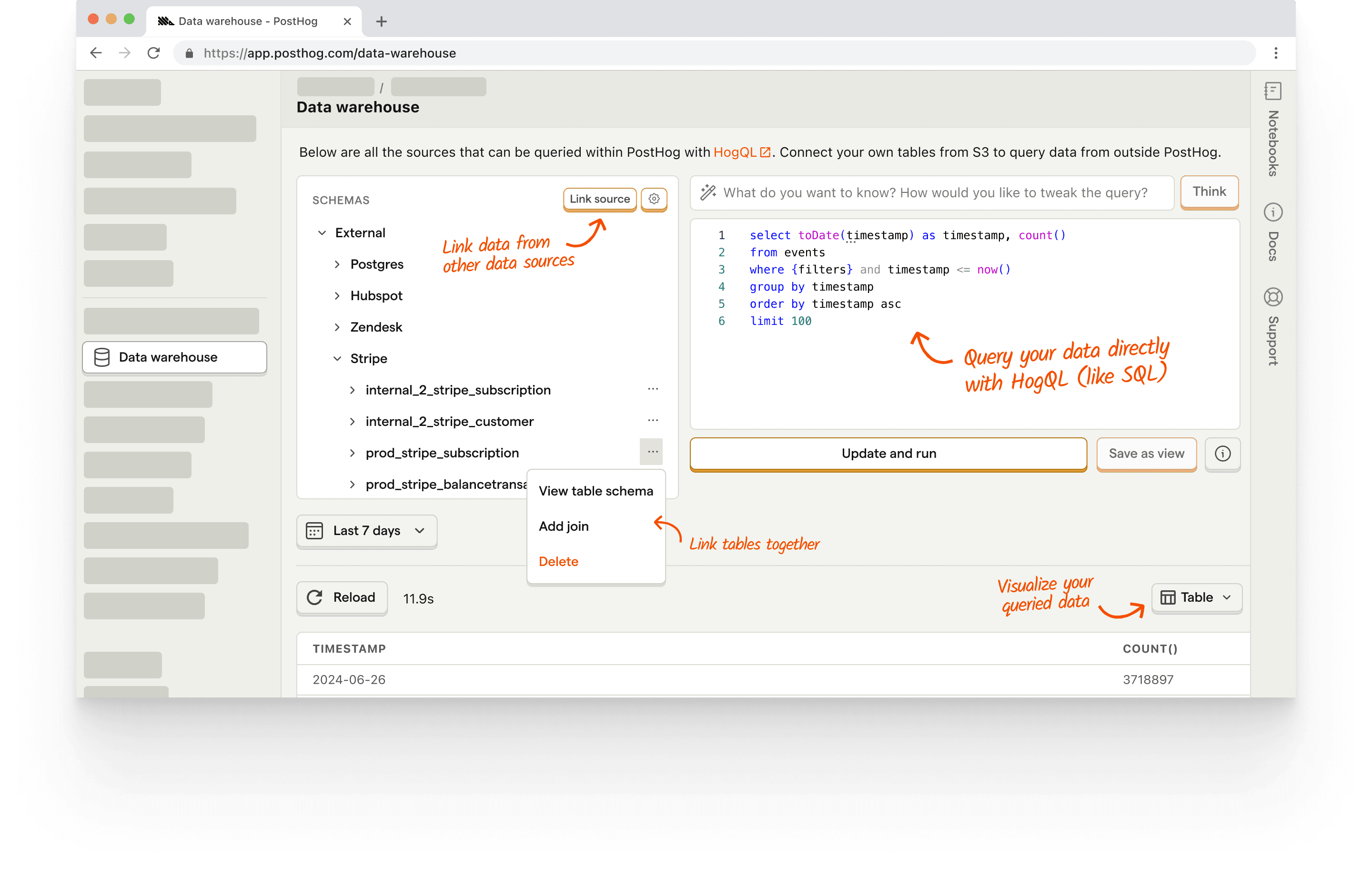 Screenshot of the PostHog data warehouse