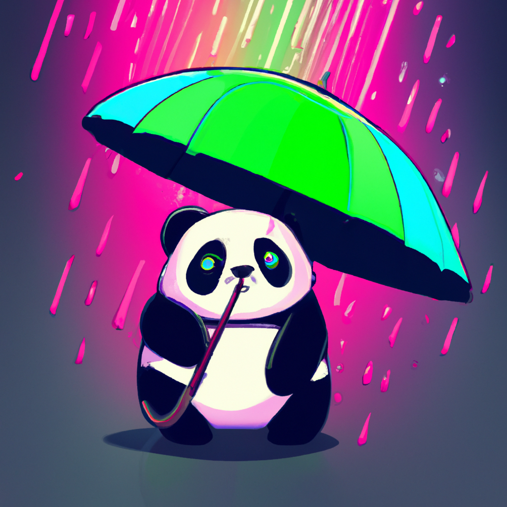 Panda in rain with an umbrella under neon colors
